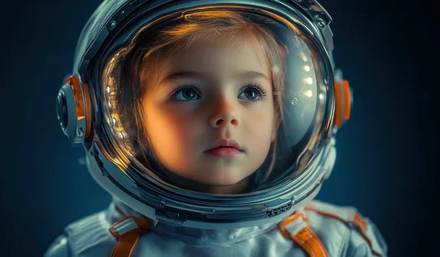 Astronaut close-up in a white space helmet and suit with orange accents against a dark background.