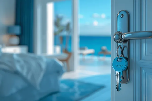 Open blue apartment door with a keyring and keys while an ocean view appears in the background.