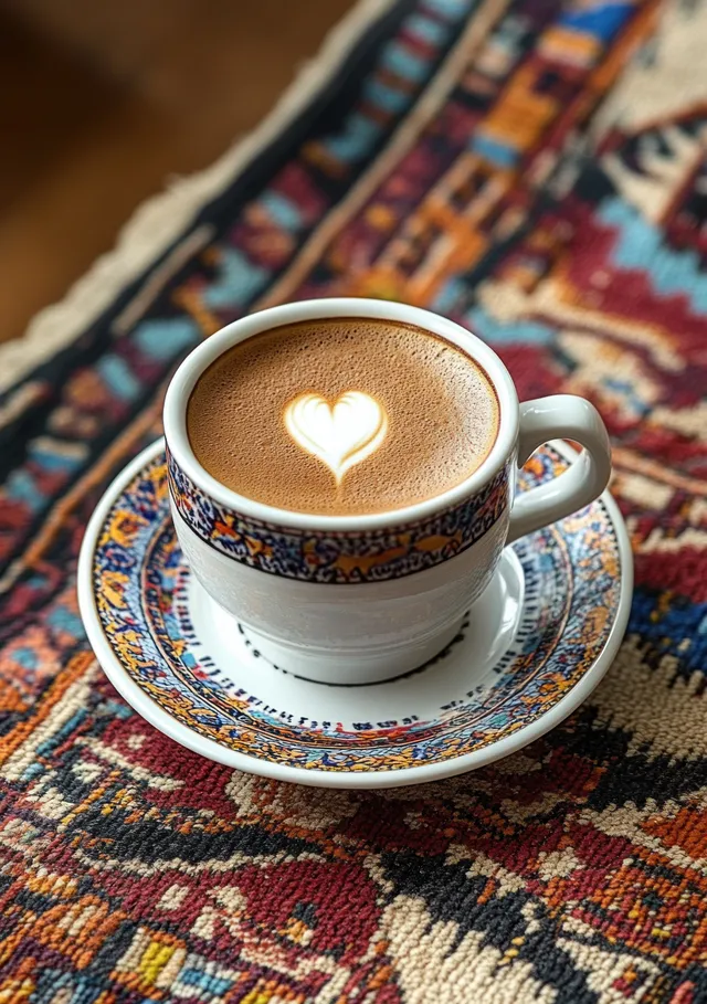 A cup of coffee with heart latte art on a colorful patterned saucer sits on textured woven fabric.