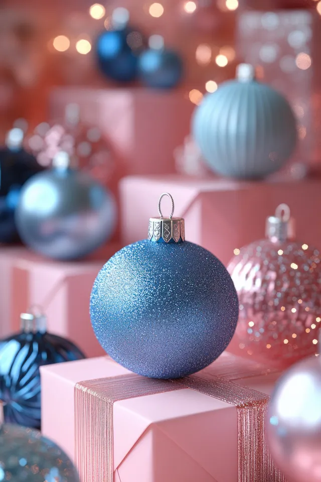 Blue Christmas ornaments sit on pink wrapped gift boxes with blurred bokeh lights in the background.