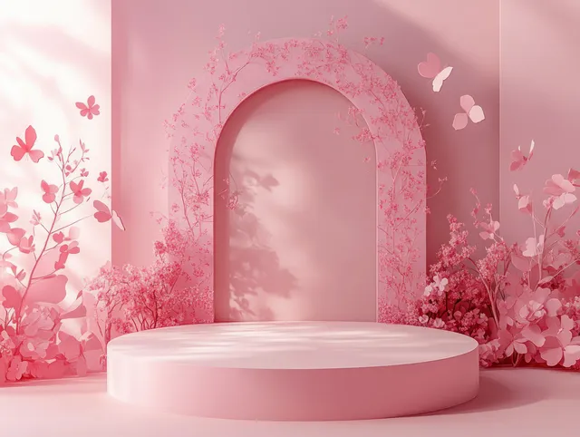 Pastel pink stage with a round pedestal, floral arch decoration, and butterflies in soft light.