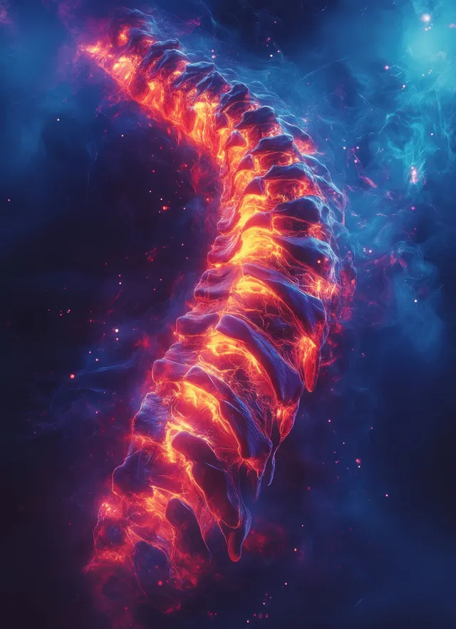 Neon glowing human spine with highlighted vertebrae in a dramatic blue and magenta sci-fi light scene.