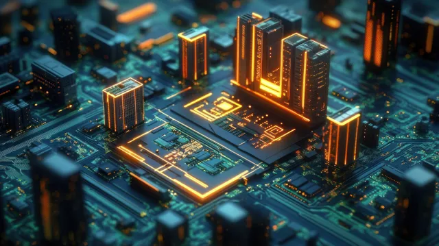 Neon cyberpunk city skyline formed by glowing circuit-board traces and microchip blocks.