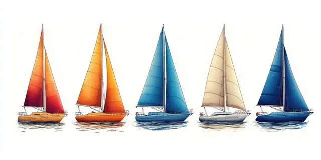 Five sailboats with bright orange and blue sails gliding on calm reflective water