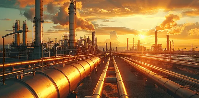 Oil refinery pipelines stretch across industrial yard under golden-hour sunset and steam