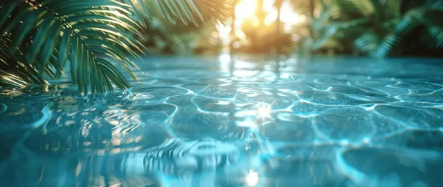 Top-down view of clear turquoise pool water with palm leaf shadows and ripples over pale sand