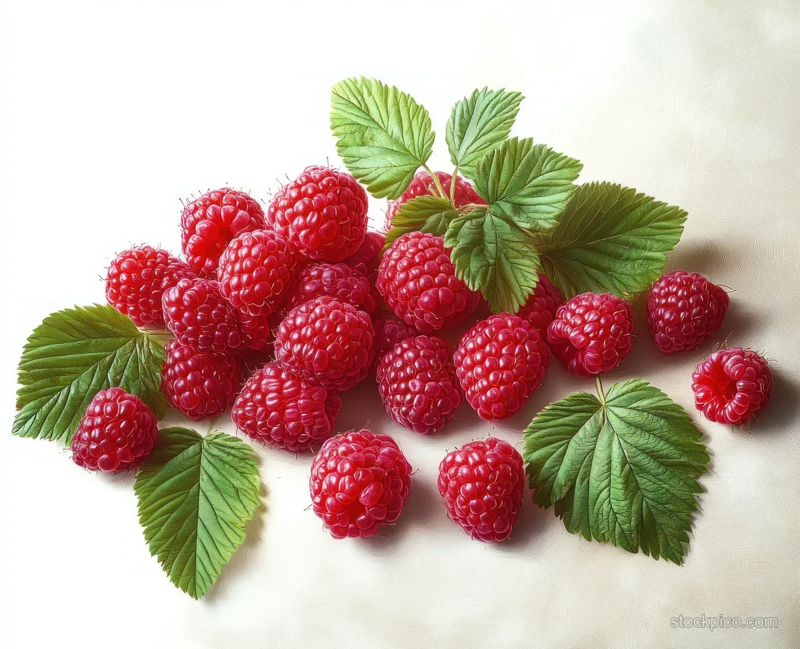 Fresh red raspberries with green leaves scattered on a white surface in close-up detail.