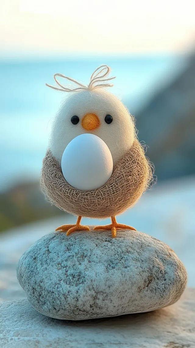 Handmade felt bird holding a white egg while perched on a textured stone with a blurred outdoor background.