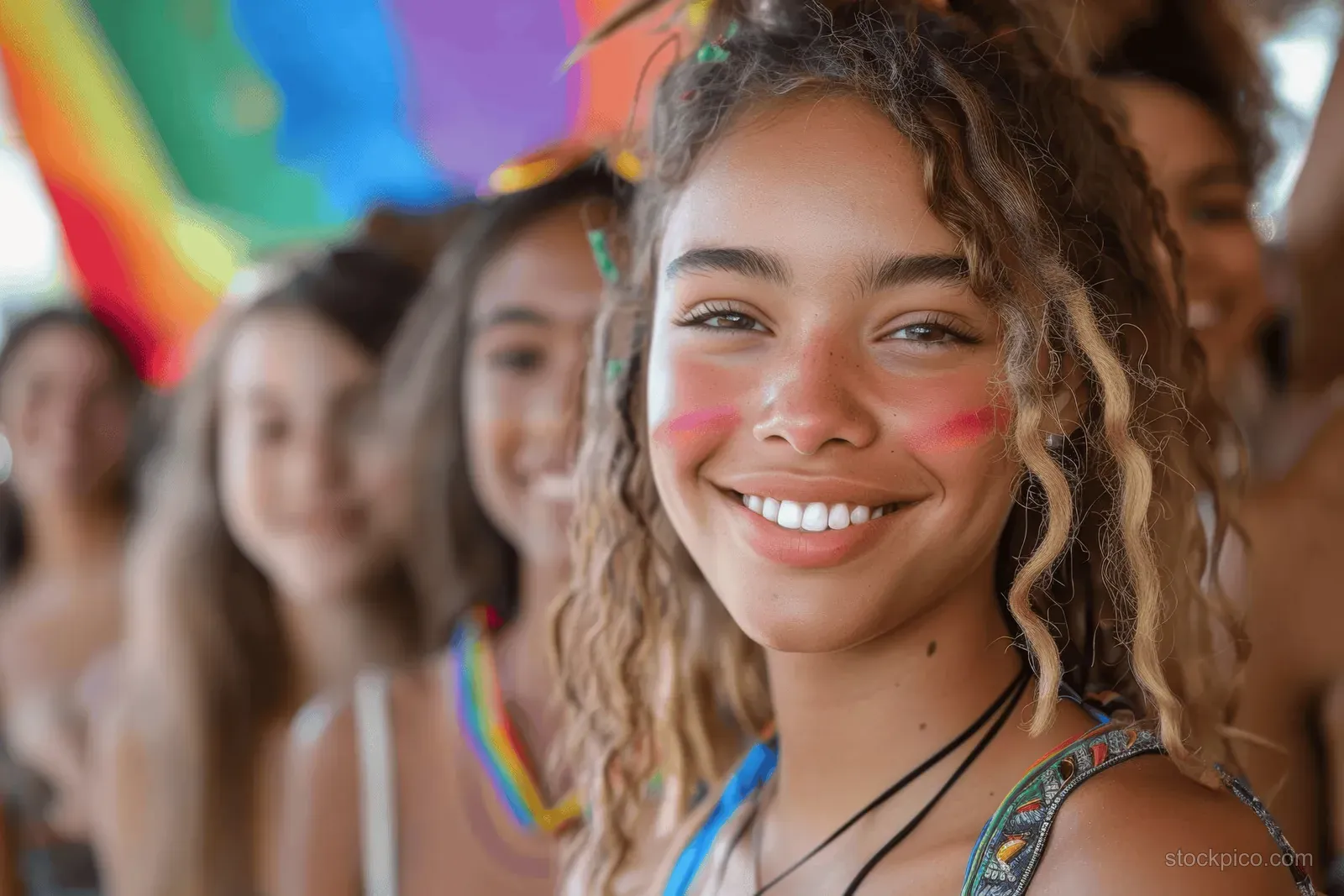 Smiling multiracial LGBTQ friends hold hands at a Pride parade with rainbow flags and a crowd behind them.