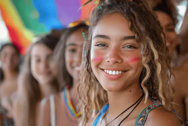 Smiling multiracial LGBTQ friends holding hands at Pride parade, rainbow flags in background