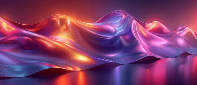 Iridescent wavy ribbon shapes with glowing metallic lines flow across a dark background with soft reflections.