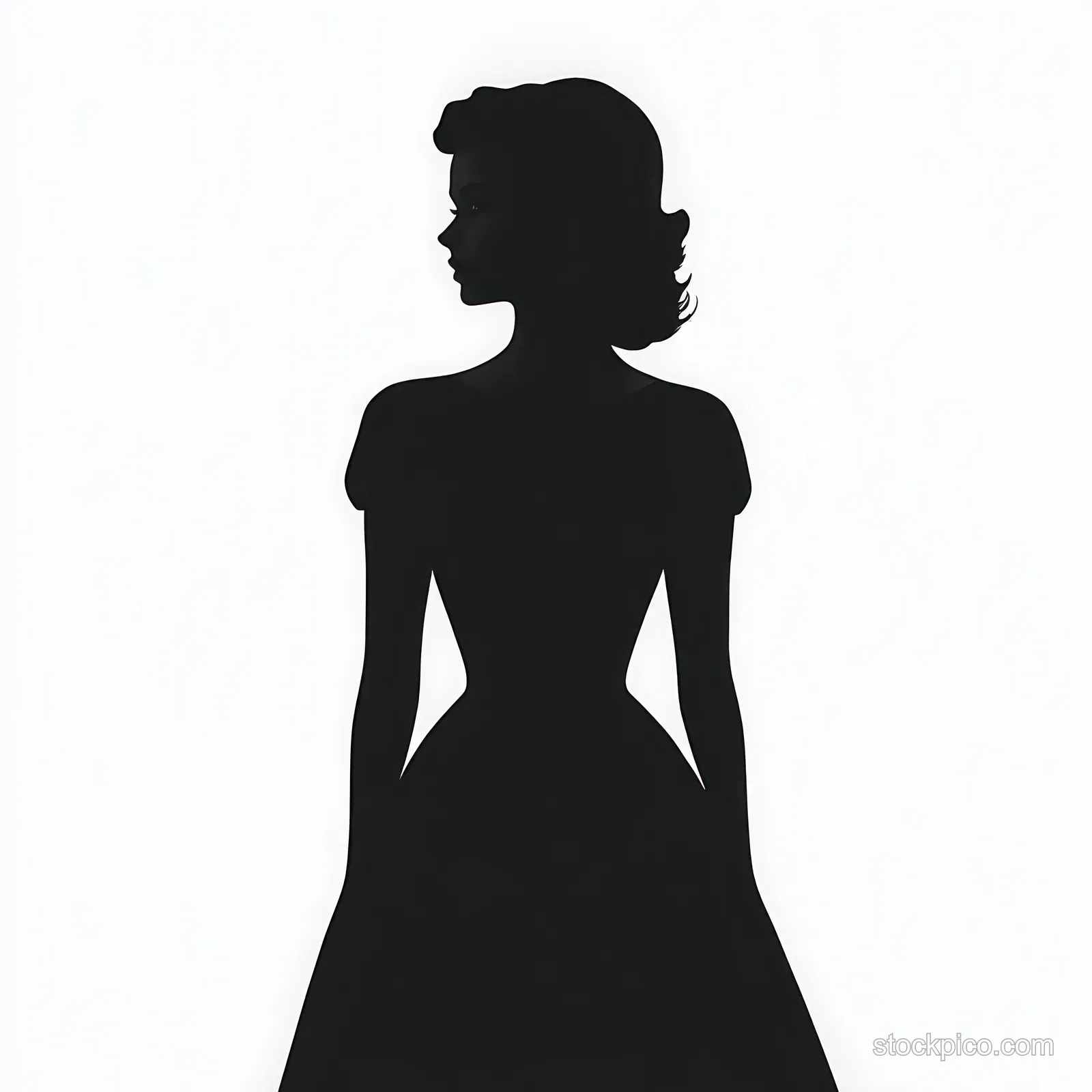 Black profile silhouette of a woman in a vintage fitted dress with flared skirt against a white background.