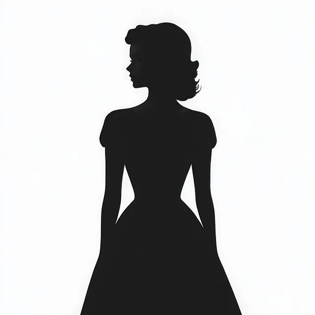 Black profile silhouette of a woman in a vintage fitted dress with flared skirt against a white background.