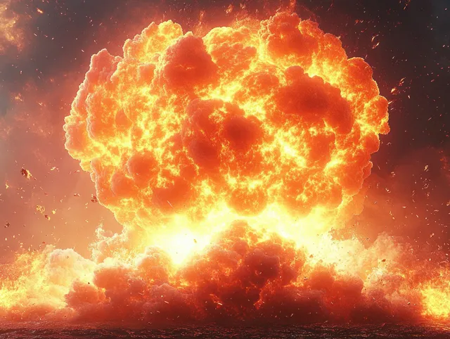 Giant fireball explosion erupts in a dark night sky with glowing smoke and embers