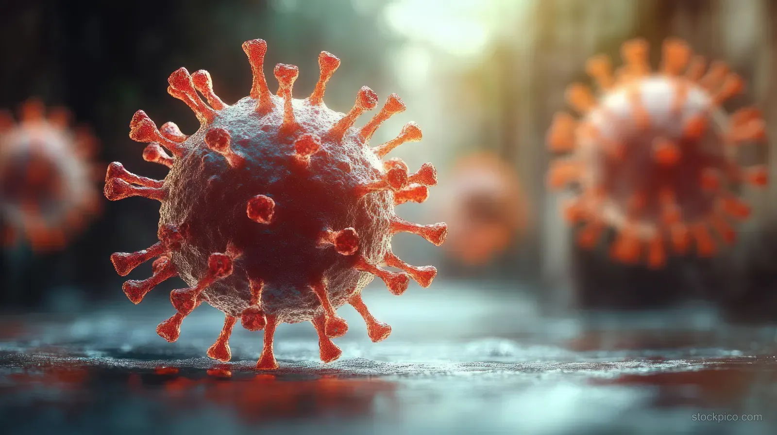 Spiky red virus particles glow under dramatic backlighting on a blurred lab-like surface with out-of-focus viruses behind.