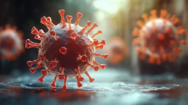 Red 3D virus particles glowing under dramatic backlight, detailed spikes on blurred lab surface