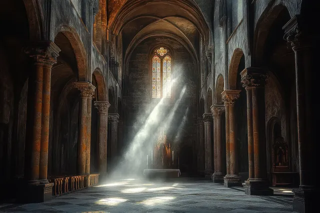 Sunlight rays from a stained glass window illuminate an empty cathedral nave and the raised altar in dim stone light.