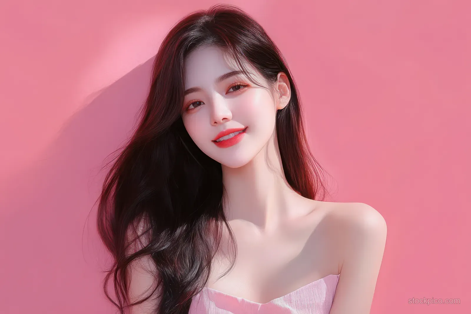 Asian woman with soft makeup and glossy hair posing against a solid pink studio background.
