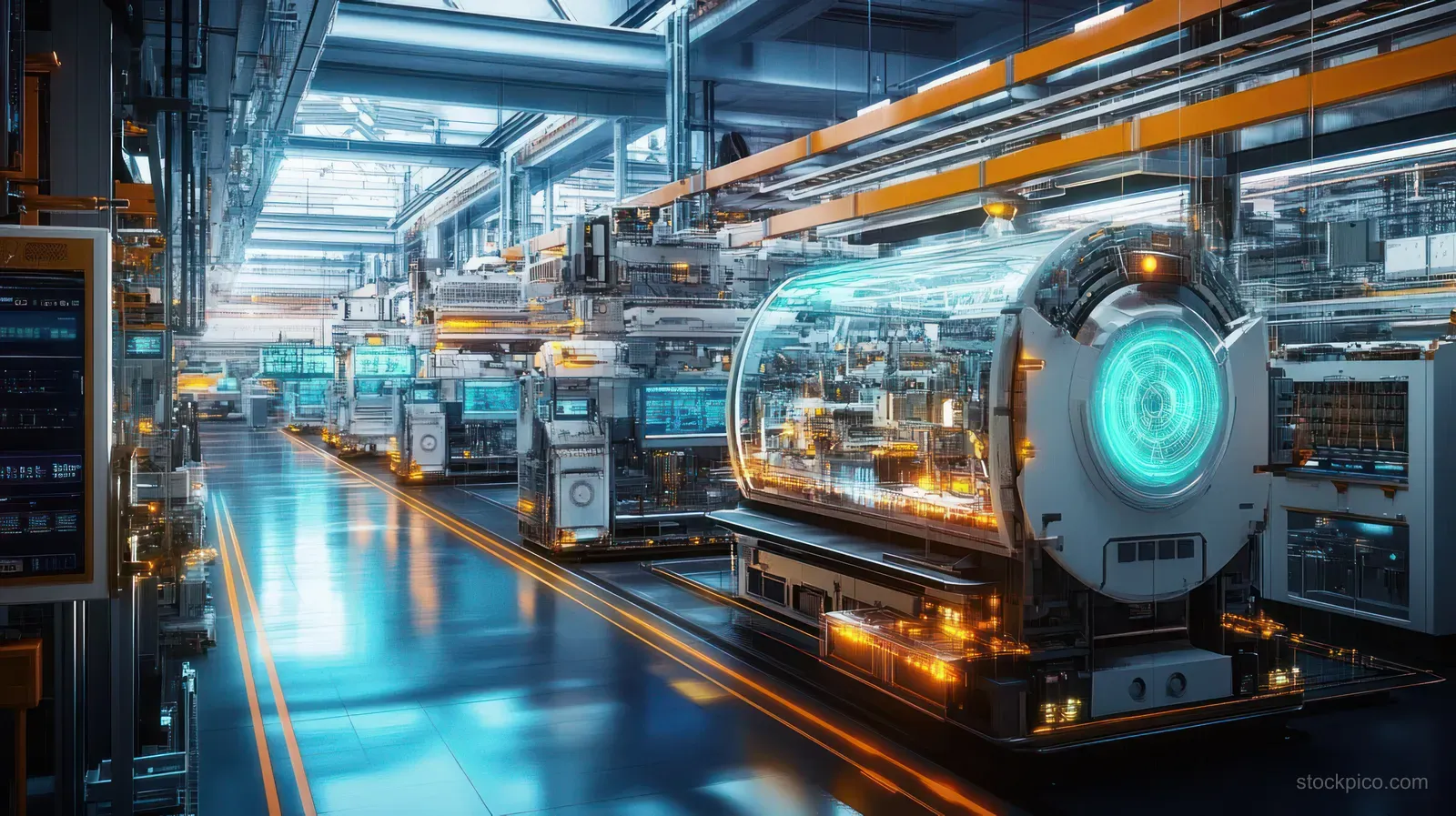 Robotic machinery moves along a factory assembly line with glowing blue and orange indicator lights.