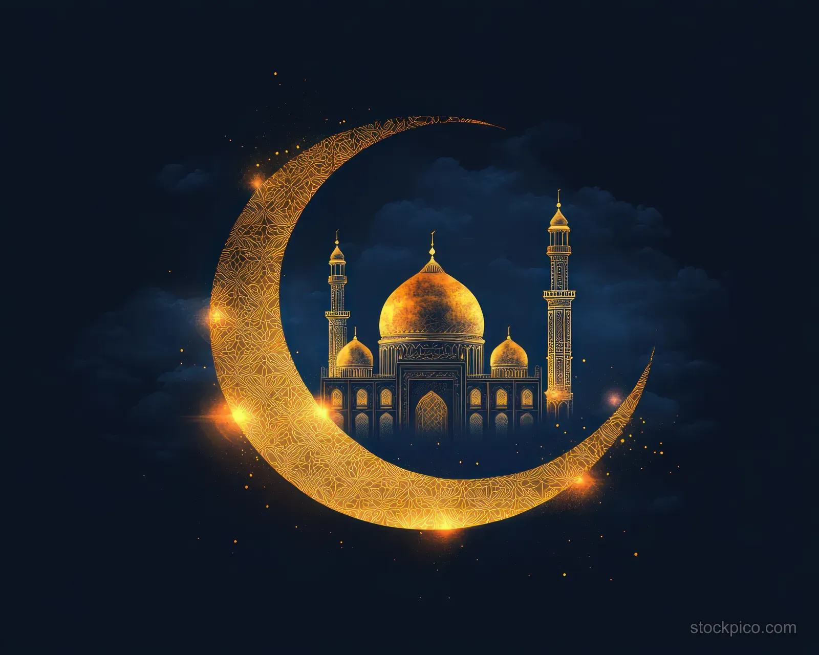 A glowing mosque with domes and minarets appears inside an ornate golden crescent moon against dark storm clouds.