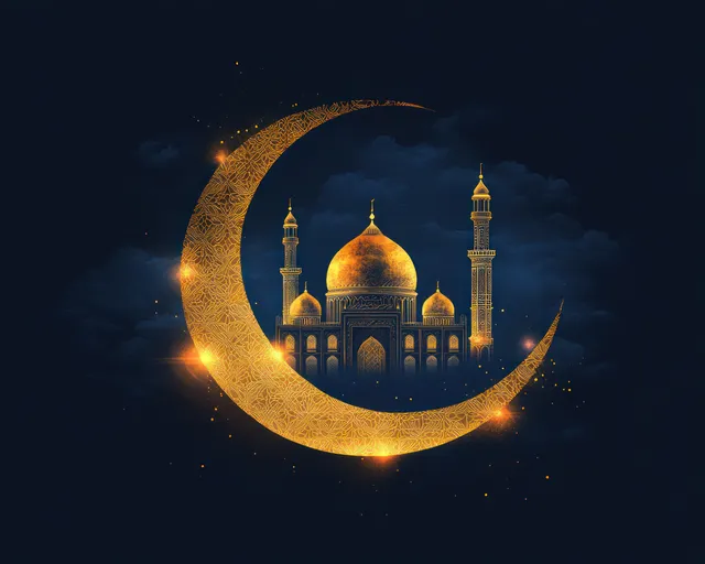A glowing mosque with domes and minarets appears inside an ornate golden crescent moon against dark storm clouds.