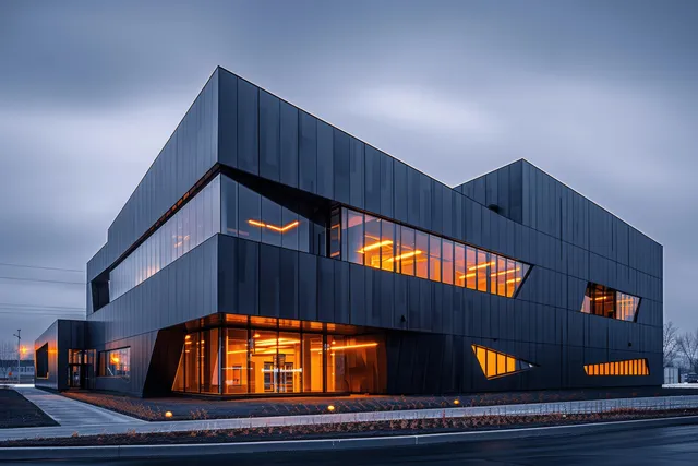 Angular black warehouse office building with warm lit windows at dusk against a cloudy sky.
