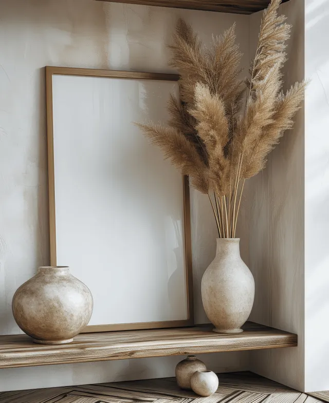 Neutral Bohemian Shelf With Blank Frame and Pampas Grass Decor