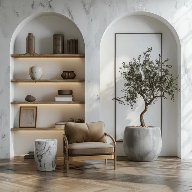 Minimalist living room with arched shelves, an armchair, a framed canvas mockup, and an indoor tree in a concrete pot.