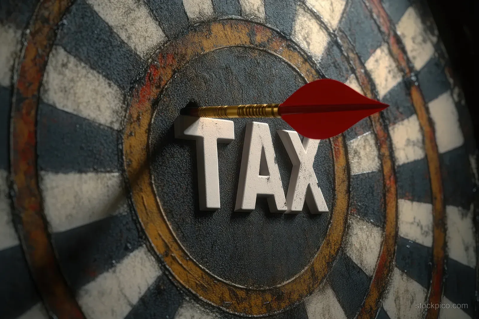 A red dart arrow is stuck in the bullseye of a target labeled TAX.