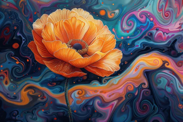 Orange poppy flower sits over a swirling psychedelic pattern background with neon wave-like colors.