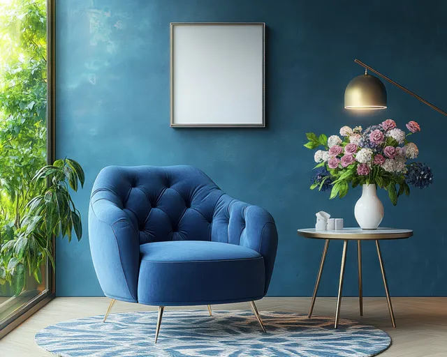 Blue velvet armchair next to a small round table with a flower vase against a teal wall.