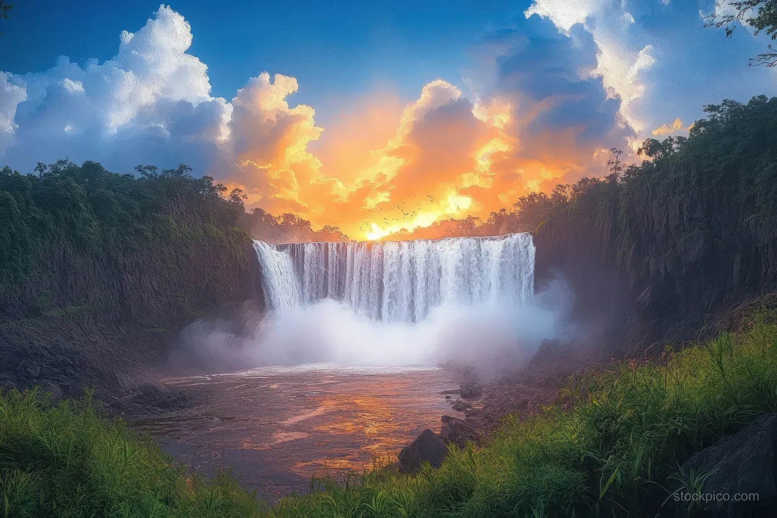 A waterfall cascades into a river under golden sunset clouds, with mist and green forest vegetation around rocky banks.