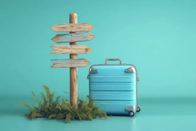 Blue suitcase beside wooden signpost with multiple arrows on turquoise travel backdrop