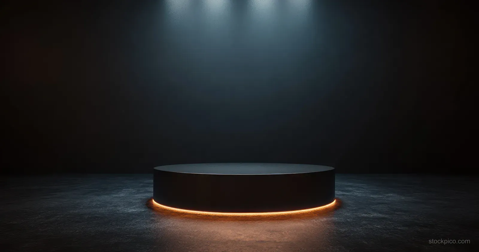 A dark studio floor holds a circular podium with a warm glowing edge under a centered spotlight.