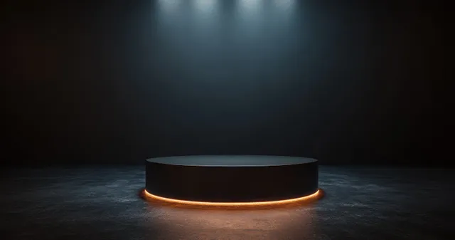A dark studio floor holds a circular podium with a warm glowing edge under a centered spotlight.
