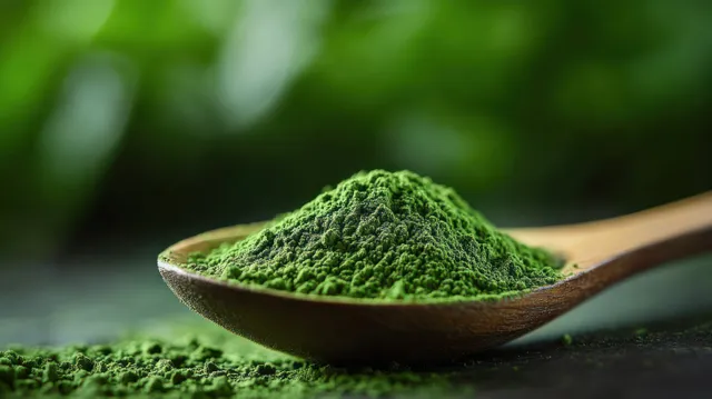 Close-up of vibrant matcha powder heaped on wooden spoon against soft green blur