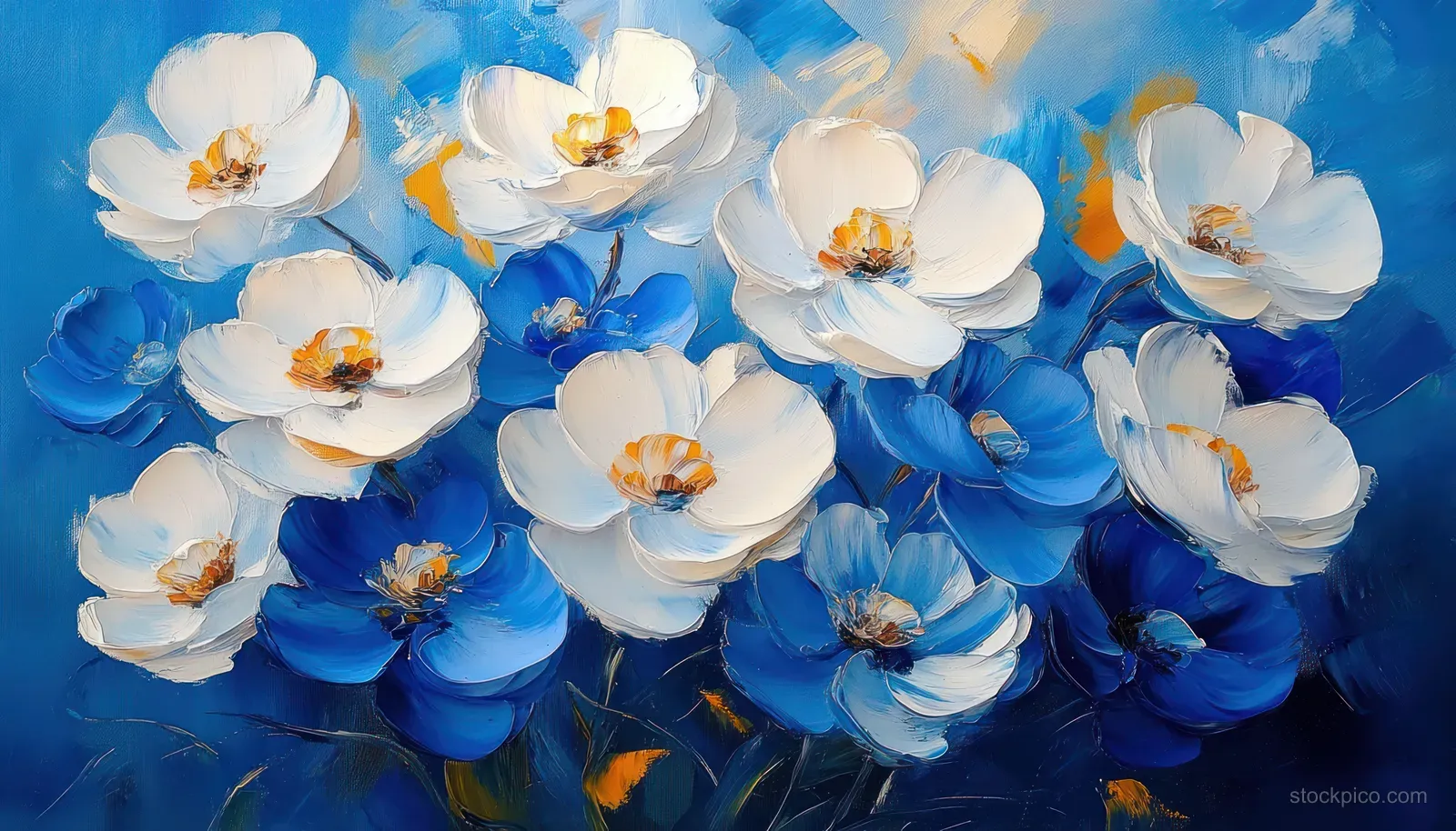 Blue and white flowers with textured petals painted on a bright blue background.