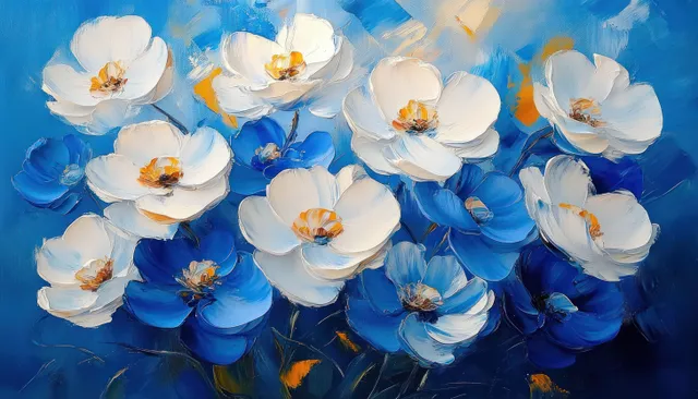 蓝白花朵，带有纹理花瓣，绘于明亮的蓝色背景上。