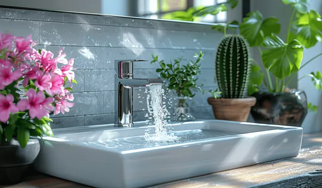 Running water pours from a modern faucet into a white sink with potted cacti near a sunlit window.