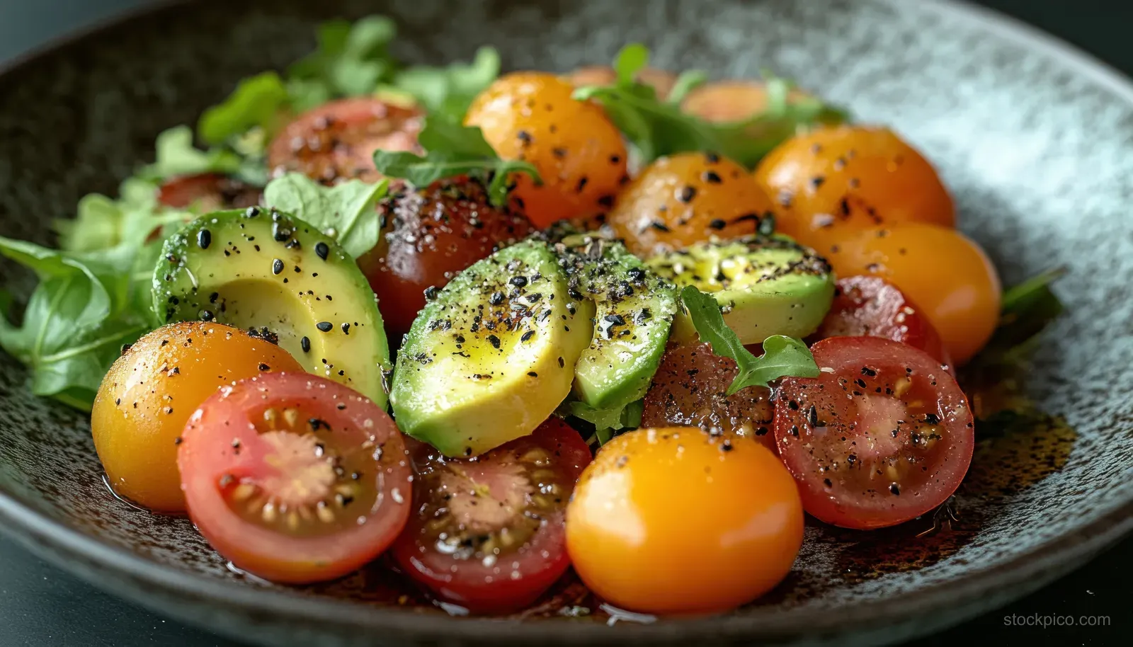 Top-down view of a salad bowl with avocado, cherry tomatoes, arugula, radish, and seeds on a textured plate.