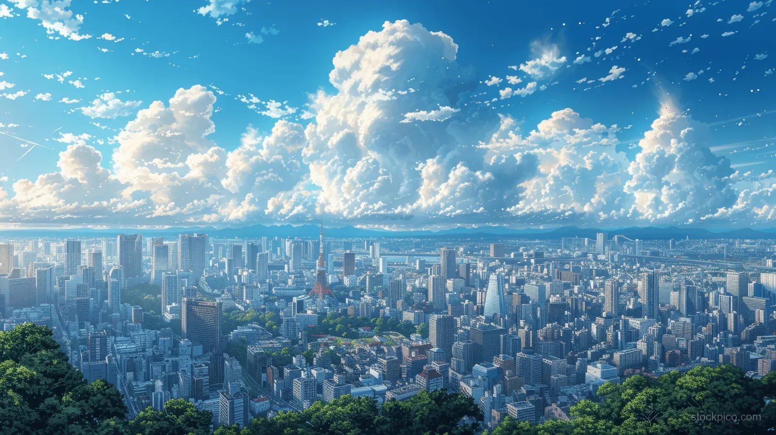 A vibrant anime-style depiction of the Tokyo skyline with skyscrapers under a bright blue sky and fluffy clouds.