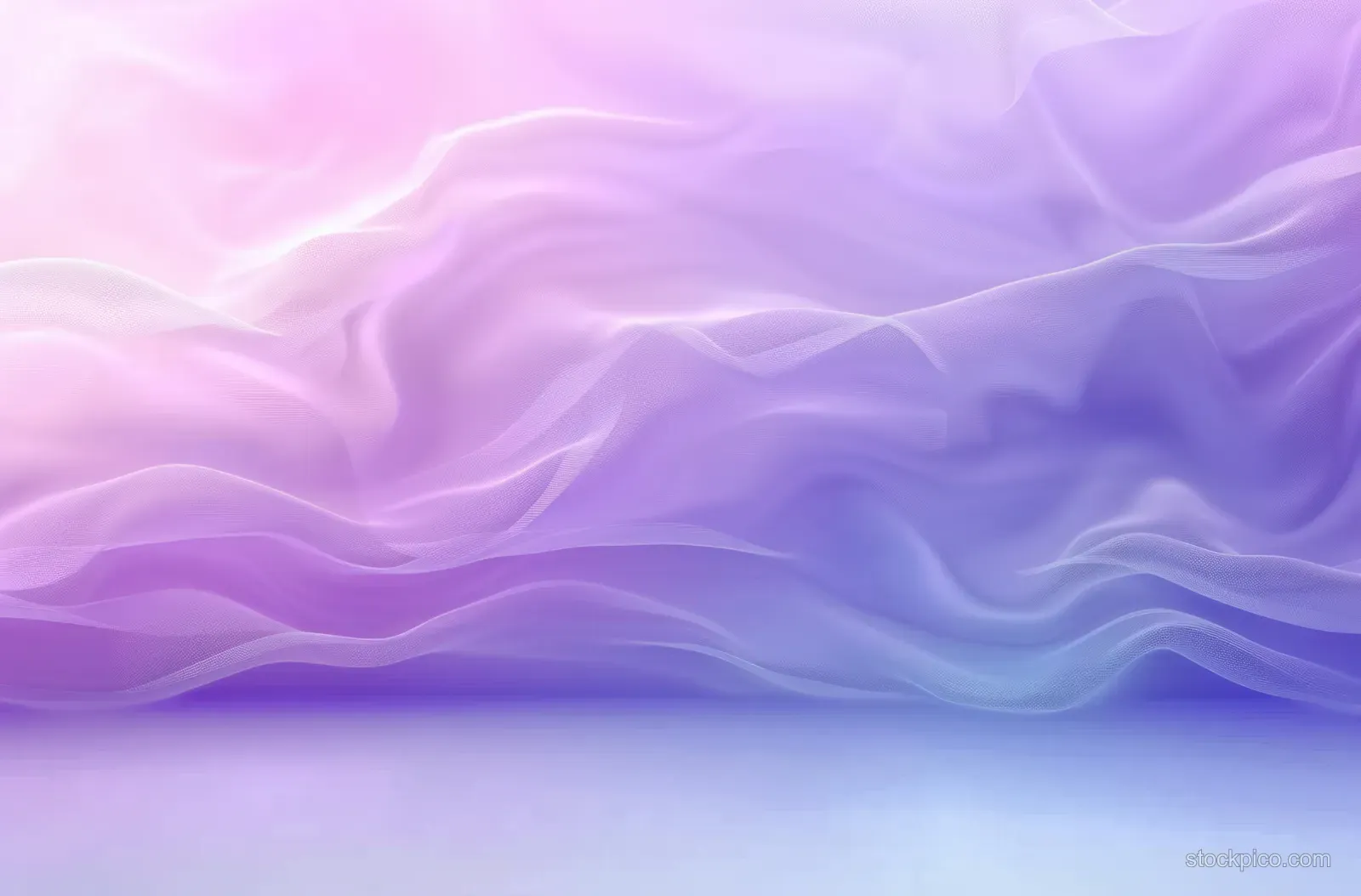 Pastel pink and purple translucent fabric waves create a soft, misty abstract background.