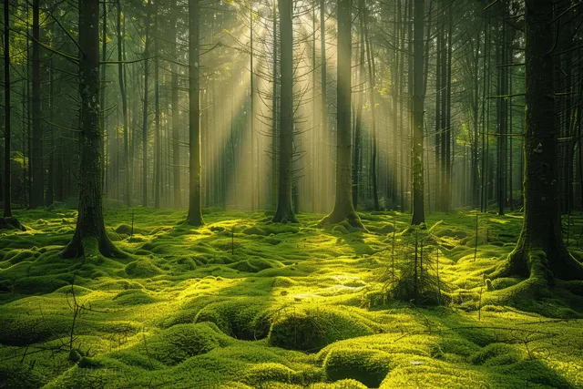 Sunbeams filter through tall forest trees, illuminating bright moss-covered woodland floor