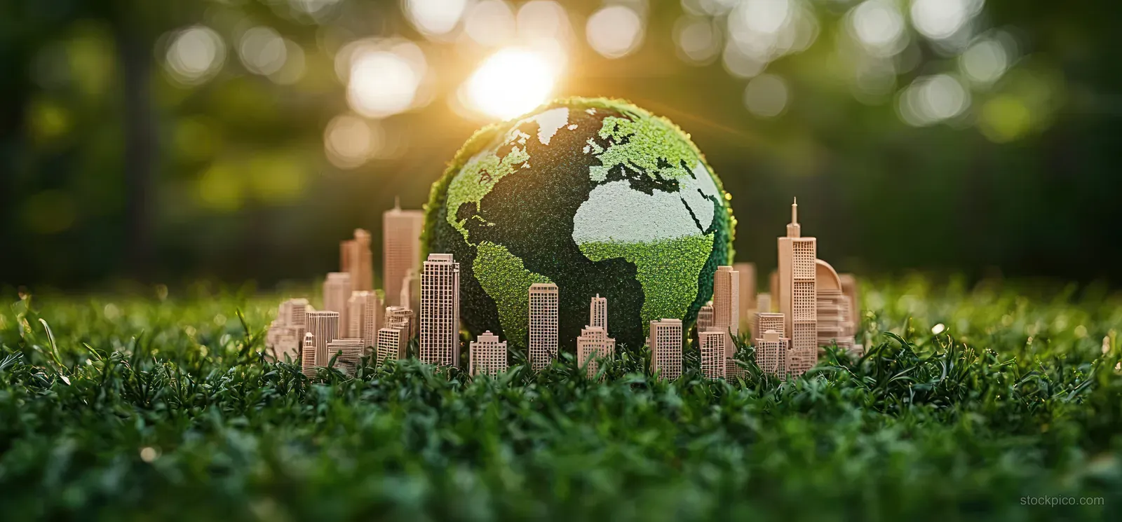 Miniature skyline buildings surround a green Earth globe on sunlit grass with glowing bokeh in the background.