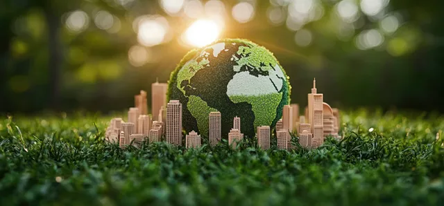 Miniature skyline buildings surround a green Earth globe on sunlit grass with glowing bokeh in the background.