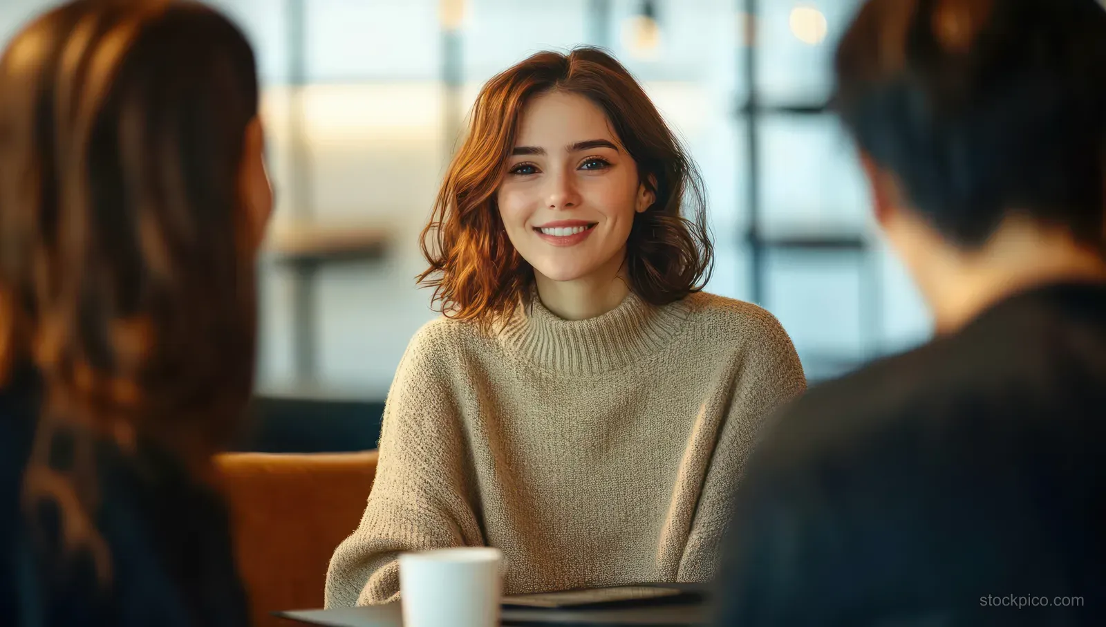 A smiling businesswoman talks with coworkers in a bright office boardroom during an ideas discussion.