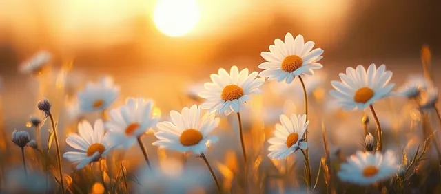 Daisy flowers blooming in a golden sunset field with soft bokeh glow