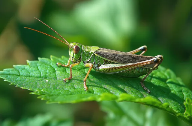 Green grasshopper resting on a bright green leaf, with detailed wings, antennae, and insect legs in macro view.