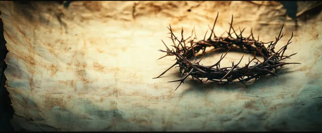 Crown of thorns sits on aged parchment with scattered red blood stains under dark dramatic light.