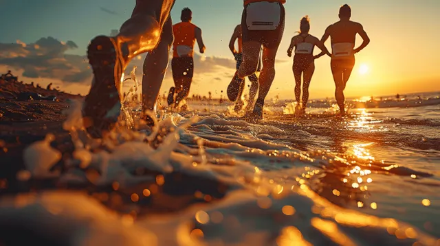 Close-up of runners’ legs sprinting on a beach at sunset, ocean spray glowing
